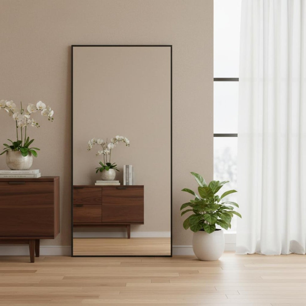 HomeRoots Black Aluminum Arch Accent Mirror - Freestanding Ornate Frame for Stylish Entryways & Bedrooms 708746