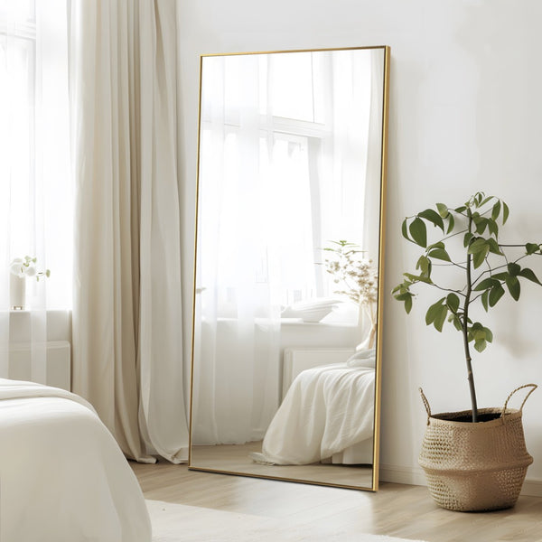 HomeRoots Gold Freestanding Ornate Accent Mirror - Elegant Aluminum Frame, Premium Glass, Versatile Decor Piece 708748