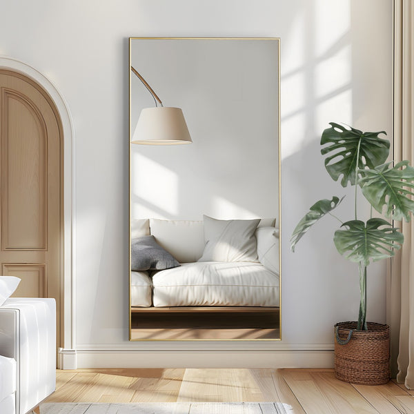 HomeRoots Gold Freestanding Arch Mirror with Ornate Frame - Modern Metallic Accent for Elegant Interiors 708749