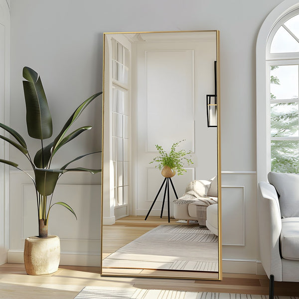 HomeRoots Gold Freestanding Arch Mirror with Ornate Frame - Modern Metallic Accent for Elegant Interiors 708749
