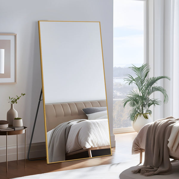 HomeRoots Gold Freestanding Arch Mirror with Ornate Frame - Modern Metallic Accent for Elegant Interiors 708749
