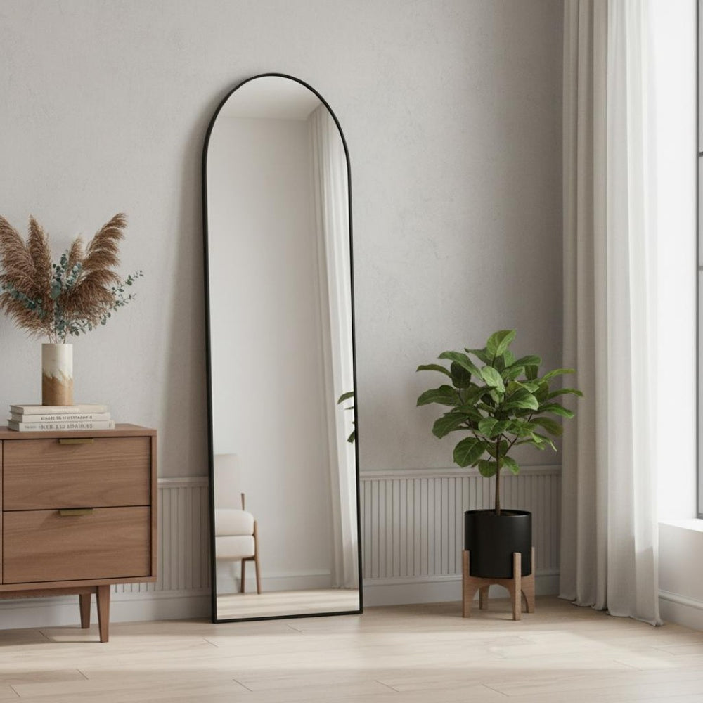 HomeRoots Black Arched Freestanding Accent Mirror with Ornate Frame - Modern Aluminum Design for Any Room 708753