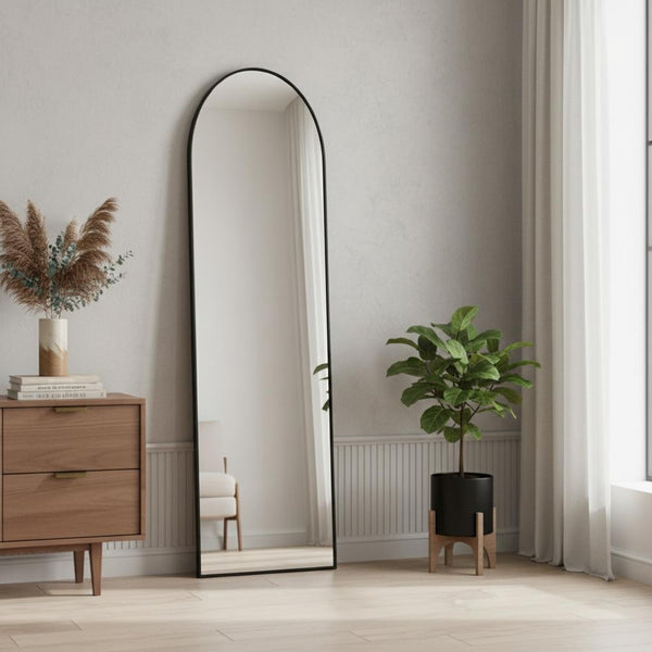 HomeRoots Black Arched Freestanding Accent Mirror with Ornate Frame - Modern Aluminum Design for Any Room 708753