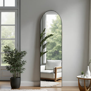 HomeRoots Black Arched Freestanding Accent Mirror with Ornate Frame - Modern Aluminum Design for Any Room 708753