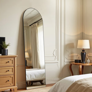 HomeRoots Black Arched Freestanding Accent Mirror with Ornate Frame - Modern Aluminum Design for Any Room 708753