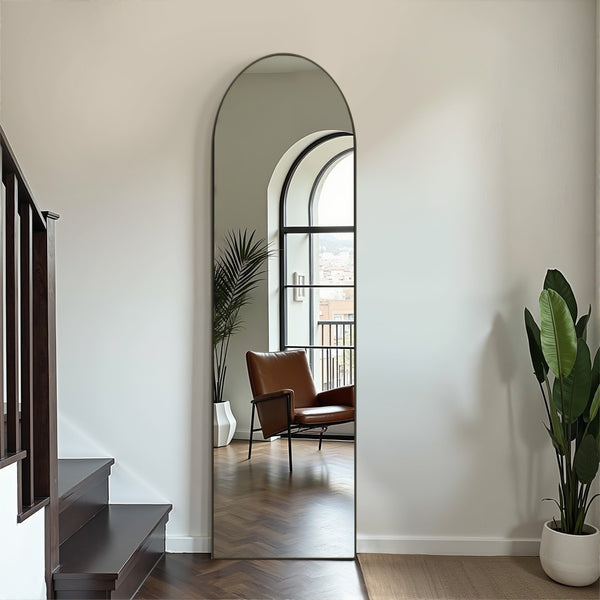 HomeRoots Black Arched Freestanding Accent Mirror with Ornate Frame - Modern Aluminum Design for Any Room 708753