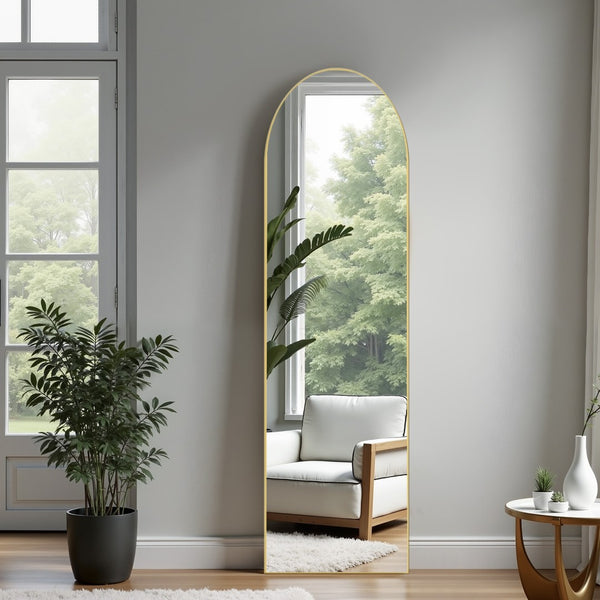 HomeRoots Gold Arched Freestanding Accent Mirror with Ornate Frame – Elegant Design for Any Room Decor 708755