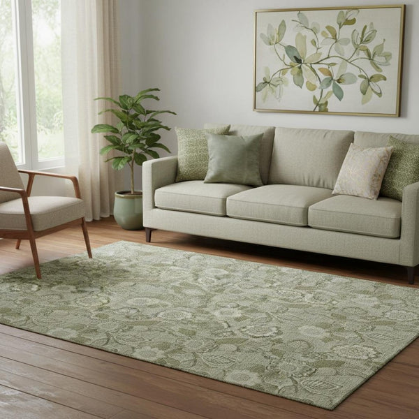 HomeRoots 8' Washable Floral Round Rug in Artichoke & Fern Green - UV Protected, Stain-Resistant Comfort 708763
