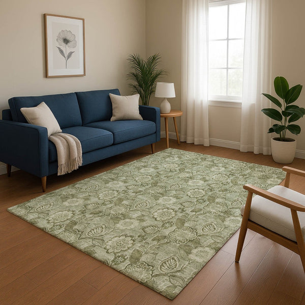 HomeRoots 8' Washable Floral Round Rug in Artichoke & Fern Green - UV Protected, Stain-Resistant Comfort 708763
