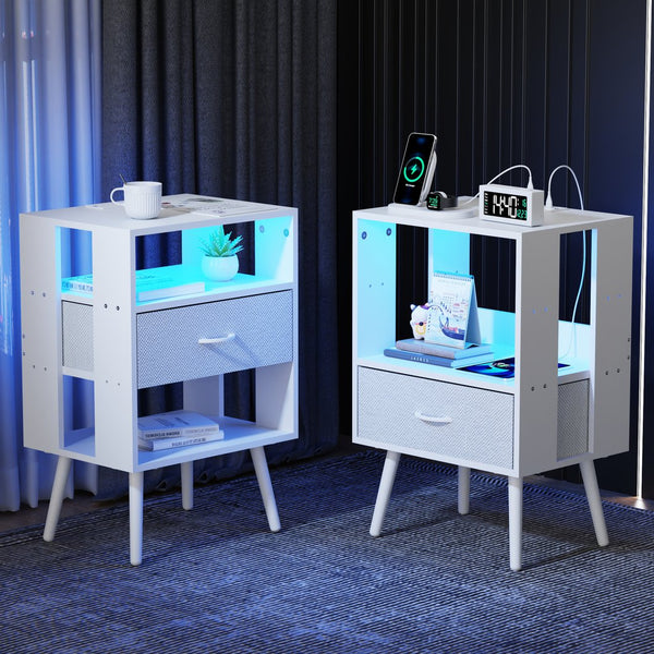 English Elm 2 Pack Modern Nightstands With Usb Charging, Led Light, And Stylish Fabric Drawers For Organization W1550P272168