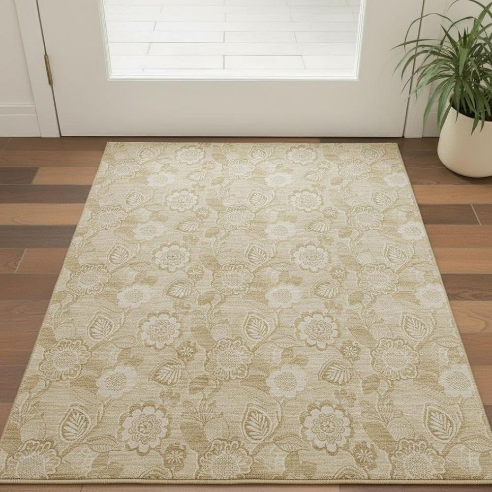 HomeRoots 5' Washable Beige and Tan Floral Area Rug with UV Protection, Stain Resistance & Non-Slip Backing 708768