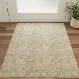HomeRoots 5' Washable Beige and Tan Floral Area Rug with UV Protection, Stain Resistance & Non-Slip Backing 708768