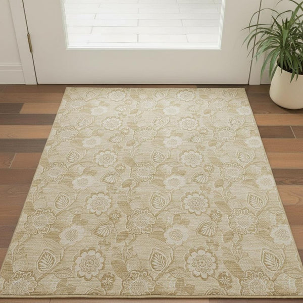 HomeRoots 5' Washable Beige and Tan Floral Area Rug with UV Protection, Stain Resistance & Non-Slip Backing 708768