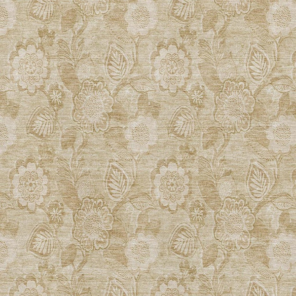 HomeRoots 5' Washable Beige and Tan Floral Area Rug with UV Protection, Stain Resistance & Non-Slip Backing 708768