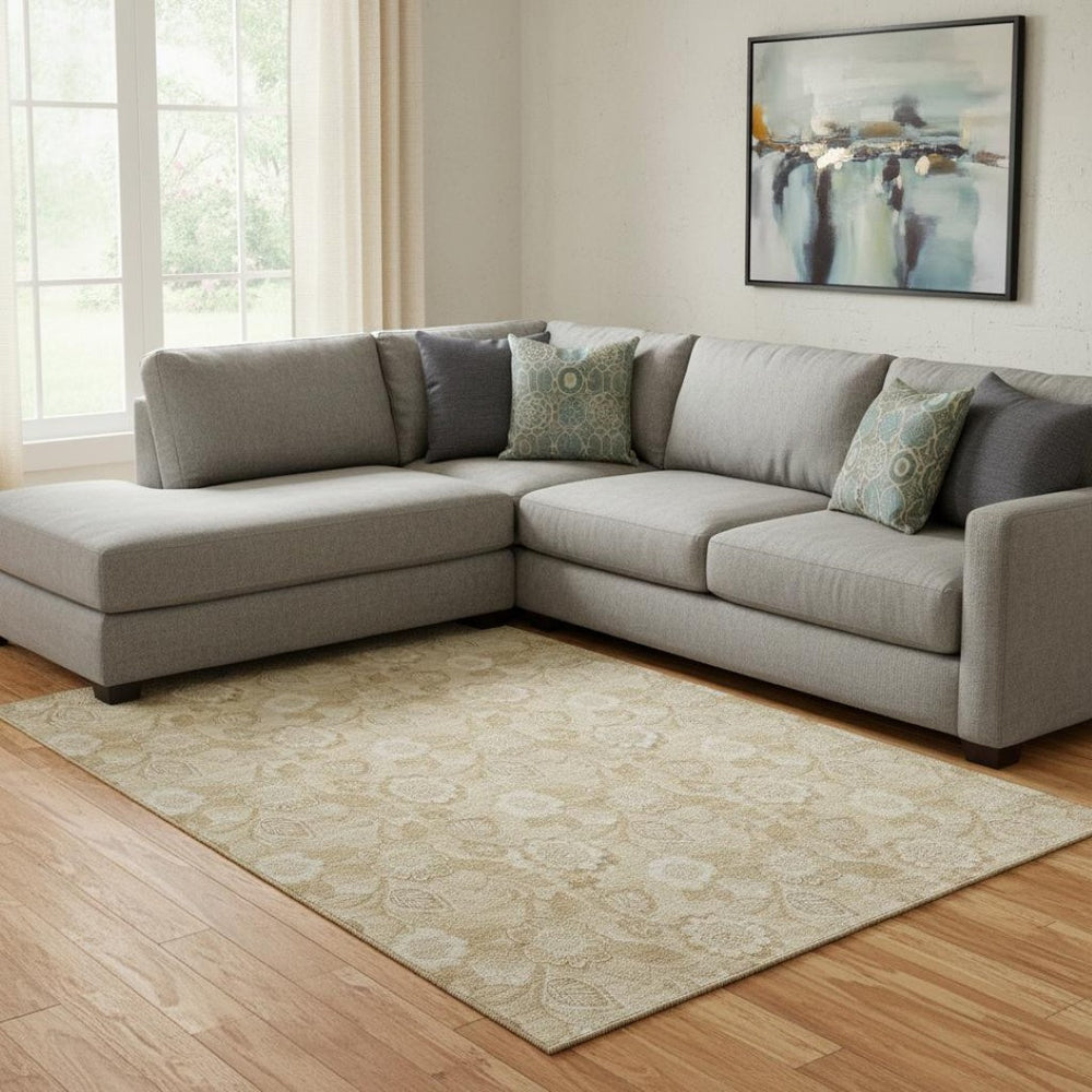 HomeRoots 9' X 12' Beige and Tan Floral Area Rug - Washable, UV Resistant, Durable Design for High-Traffic Spaces 708771