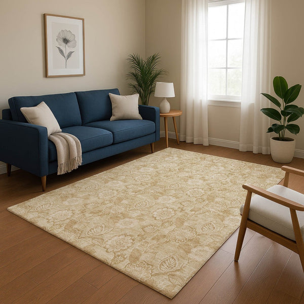 HomeRoots 10' X 14' Beige Floral Washable Area Rug - Durable, Stain-Resistant with UV Protection for Homes 708772