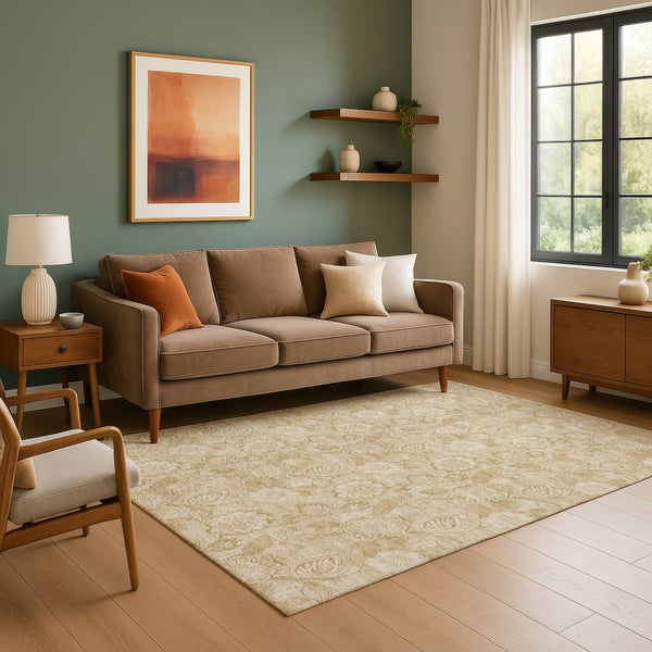 HomeRoots 10' X 14' Beige Floral Washable Area Rug - Durable, Stain-Resistant with UV Protection for Homes 708772