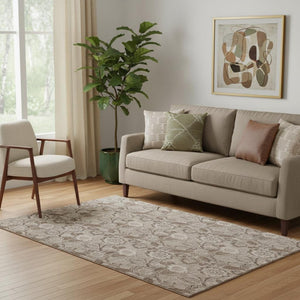 HomeRoots 8' Washable Brown and Taupe Floral Round Rug with UV Protection - Durable, Stylish, and Easy Care! 708781