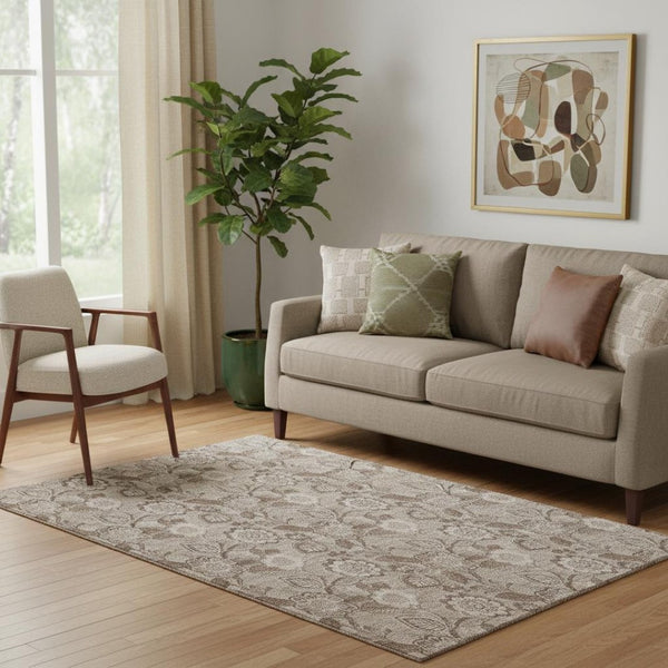 HomeRoots 8' Washable Brown and Taupe Floral Round Rug with UV Protection - Durable, Stylish, and Easy Care! 708781