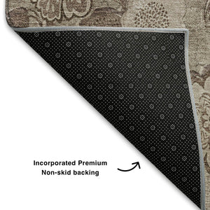 HomeRoots 8' Washable Brown and Taupe Floral Round Rug with UV Protection - Durable, Stylish, and Easy Care! 708781