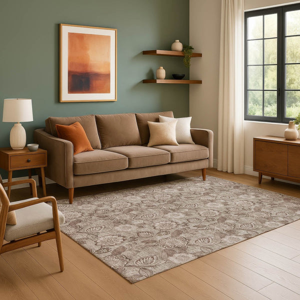 HomeRoots 8' Washable Brown and Taupe Floral Round Rug with UV Protection - Durable, Stylish, and Easy Care! 708781