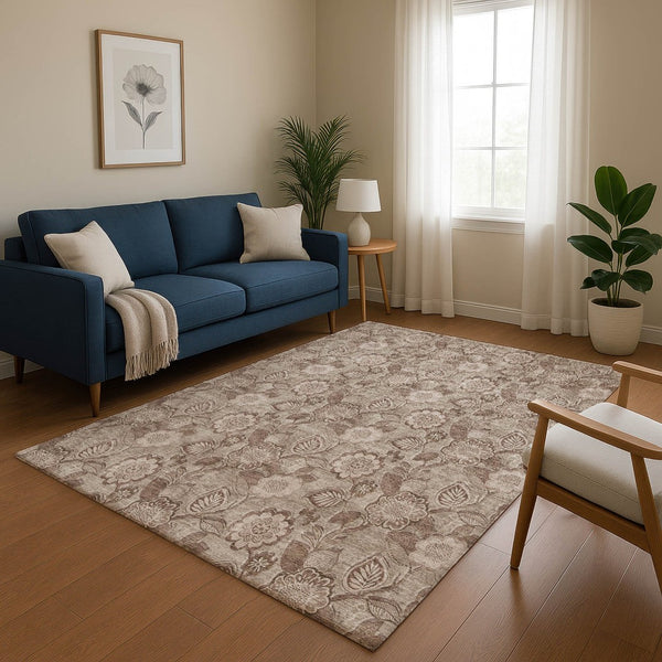 HomeRoots 10' X 14' Washable Brown & Taupe Floral Area Rug with UV Protection for Family Rooms & Patios 708784