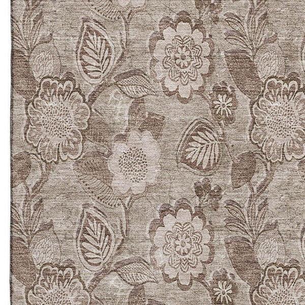 HomeRoots 10' X 14' Washable Brown & Taupe Floral Area Rug with UV Protection for Family Rooms & Patios 708784