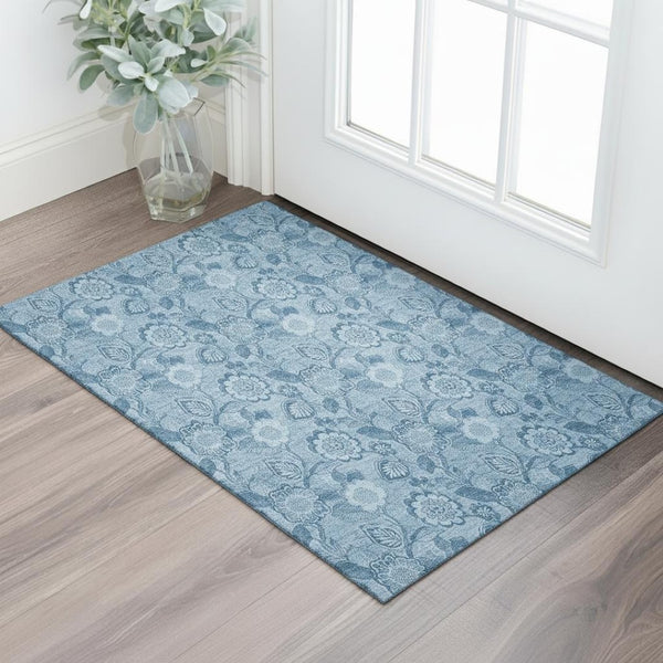 HomeRoots 5' X 8' Floral Area Rug in Blue & Sky Blue - Washable, Stain-Resistant, UV Protected, Durable Design 708786