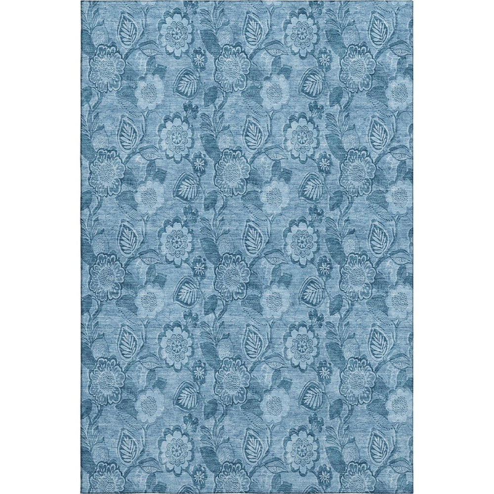 HomeRoots 5' X 8' Floral Area Rug in Blue & Sky Blue - Washable, Stain-Resistant, UV Protected, Durable Design 708786