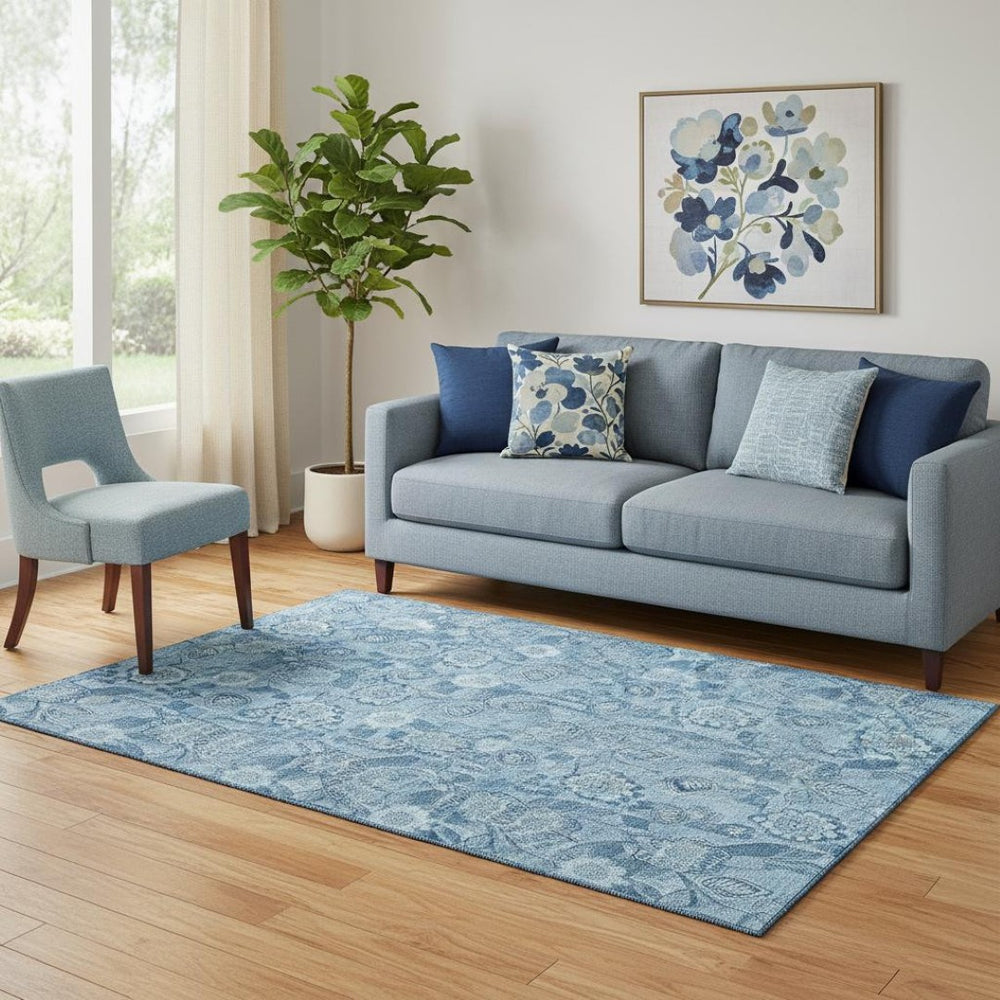 HomeRoots 8' Blue Floral Washable Round Rug with UV Protection - Durable, Stylish, Non-Slip for Homes with Kids & Pets 708787