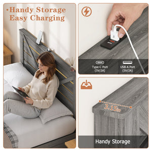 English Elm Queen-size Storage Bed with Led Headboard Barn Door Wood Grain Panel and Four Drawers W5026P429542