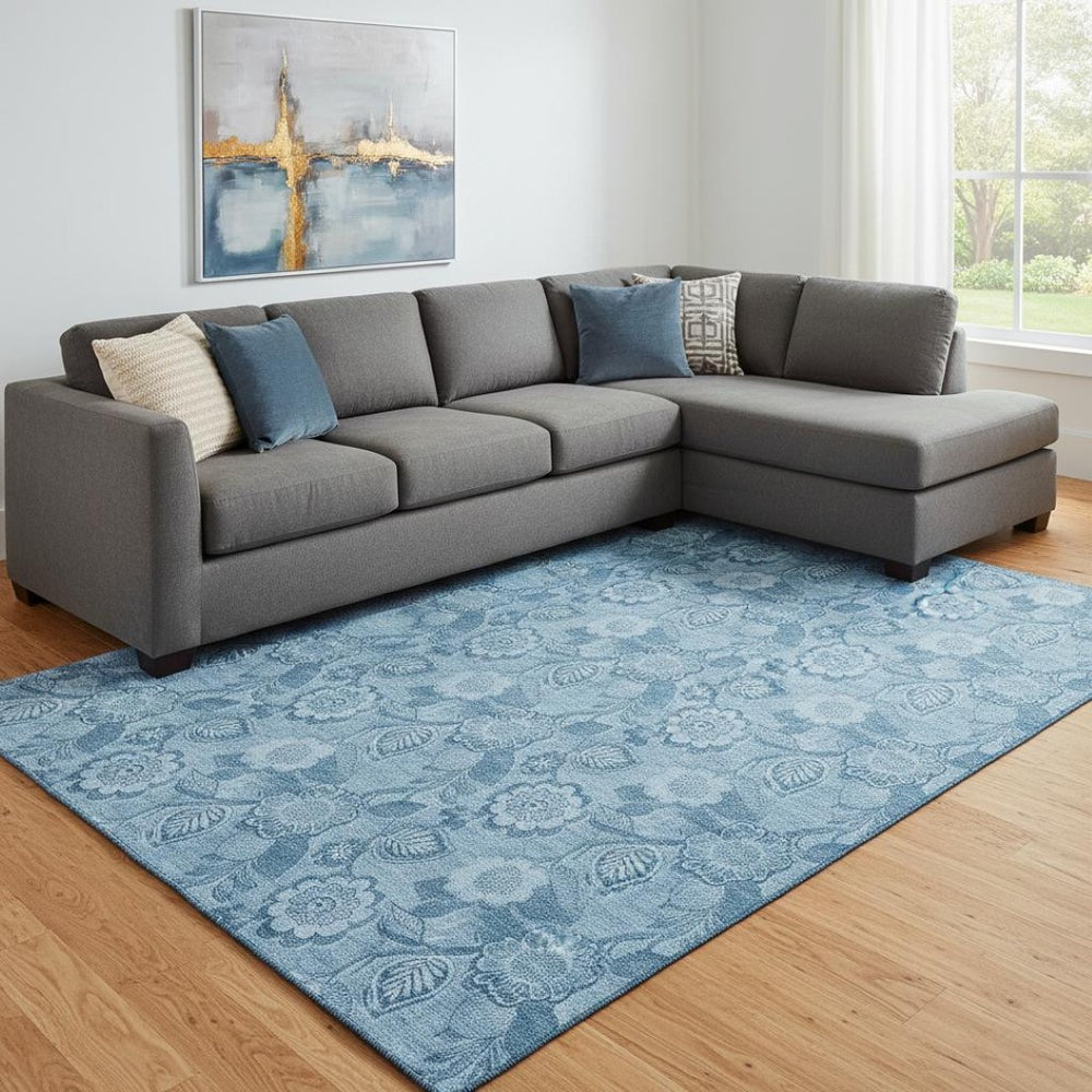 HomeRoots 9' X 12' Blue Floral Washable Area Rug with UV Protection, Non-Slip Backing for Kids & Pets 708789
