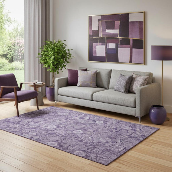 HomeRoots 8' Washable Plum and Purple Floral Round Rug with UV Protection, Durable for Kids and Pets' Areas 708799