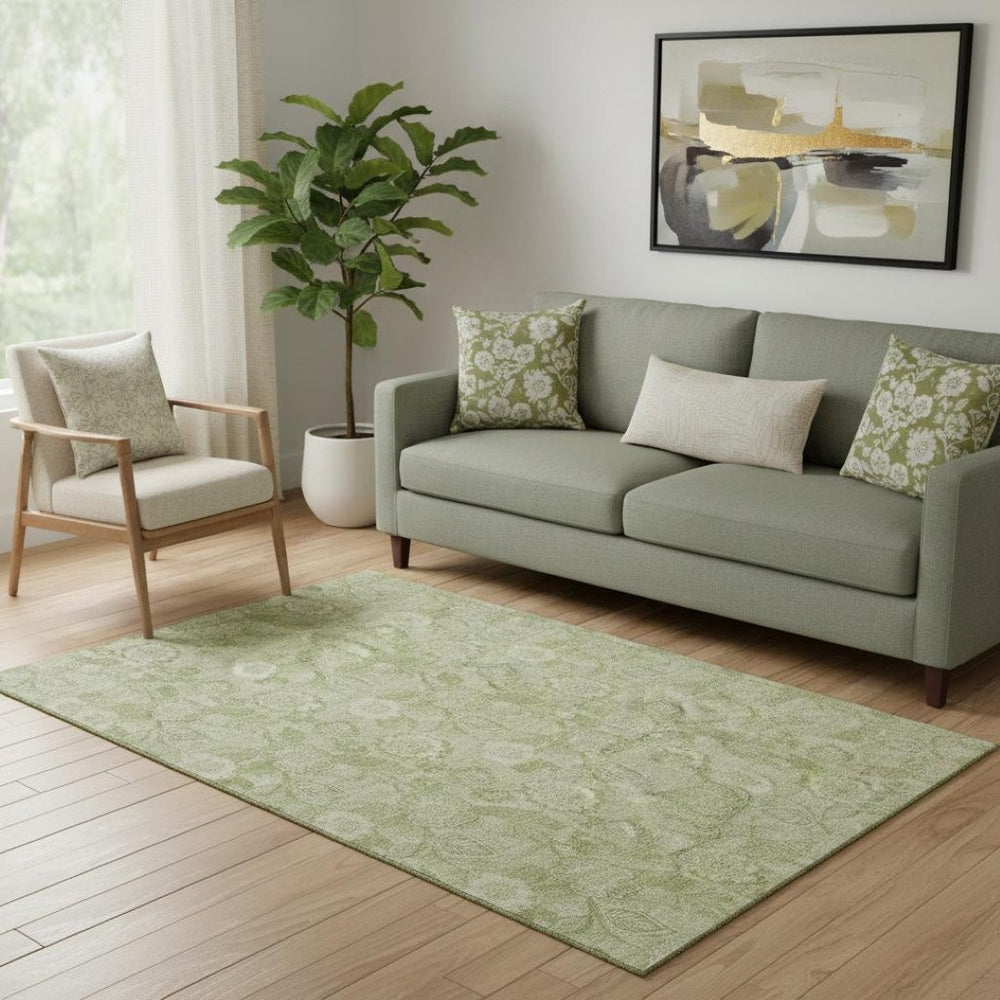 HomeRoots 8' Sage and Beige Floral Washable Round Rug - UV Protected, Durable, Easy-Care for Family Spaces 708805