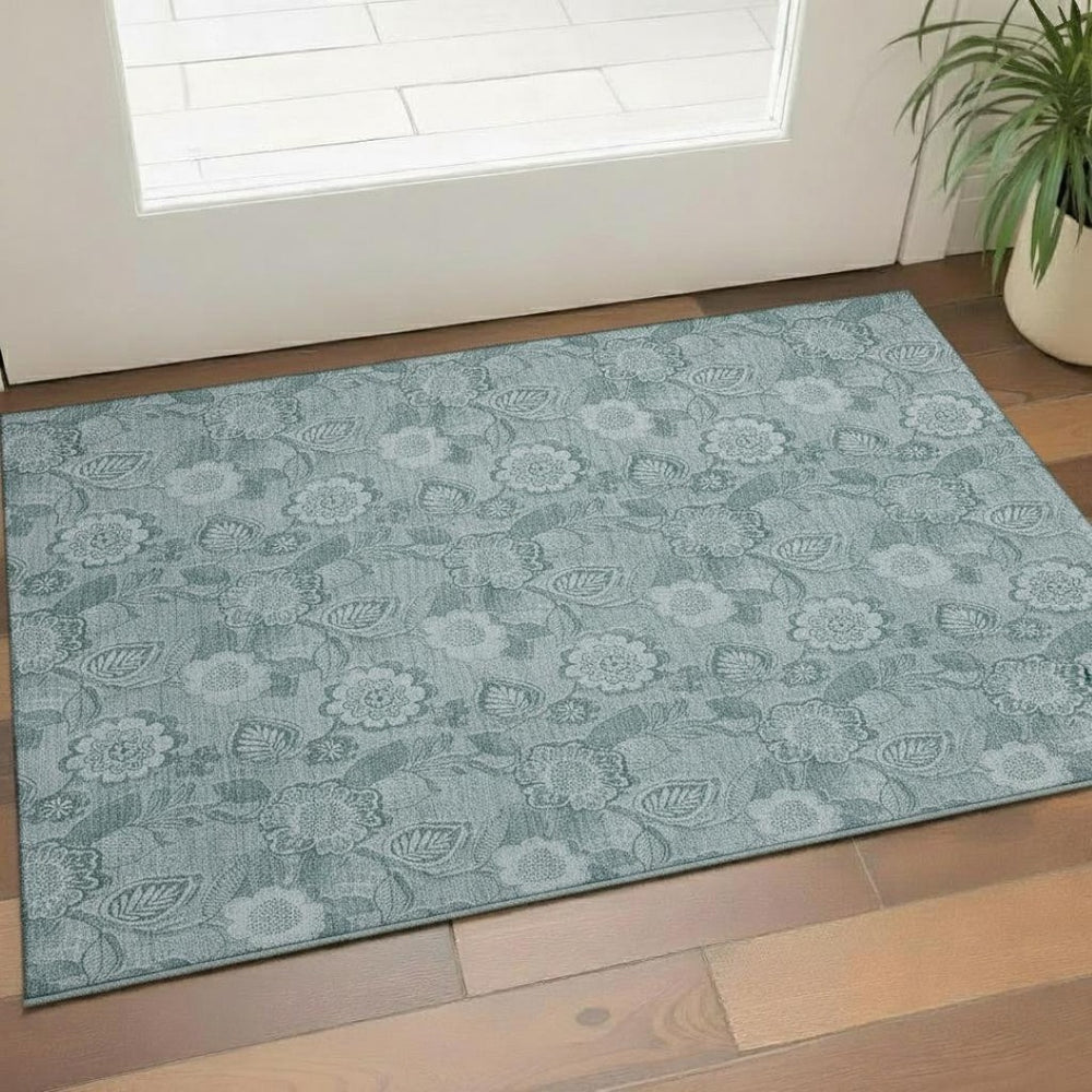 HomeRoots 5' X 8' Teal And Aqua Floral Area Rug - Washable, UV Protected, Stain Resistant for Stylish Durability 708810
