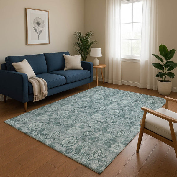 HomeRoots 5' X 8' Teal And Aqua Floral Area Rug - Washable, UV Protected, Stain Resistant for Stylish Durability 708810
