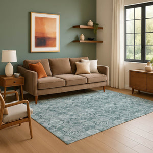HomeRoots 5' X 8' Teal And Aqua Floral Area Rug - Washable, UV Protected, Stain Resistant for Stylish Durability 708810