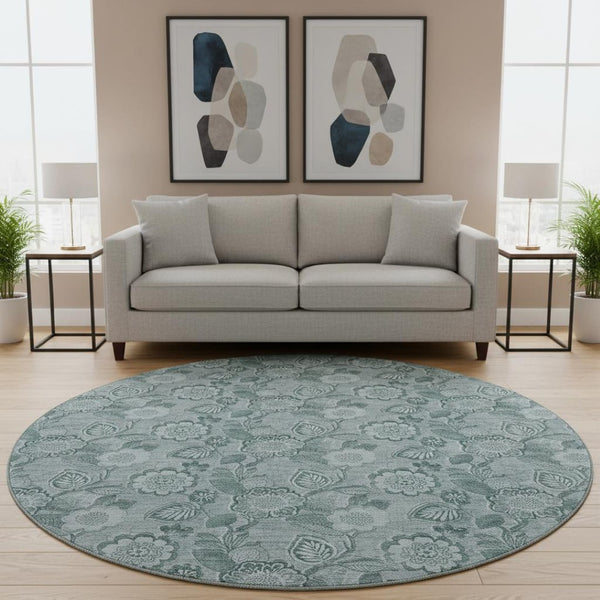 HomeRoots 8' X 10' Teal And Aqua Floral Area Rug - Washable, UV Protected, Stain-Resistant for Any Space 708812