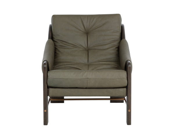 Sunpan RAFFERTY Lounge Chair - Luxurious Dark Olive Leather with Solid Oak Frame and Brushed Gold Accents Green 112678