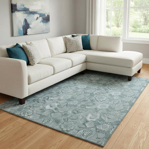 HomeRoots 9' X 12' Washable Teal & Aqua Floral Area Rug with UV Protection - Durable, Stain-Resistant & Stylish 708813