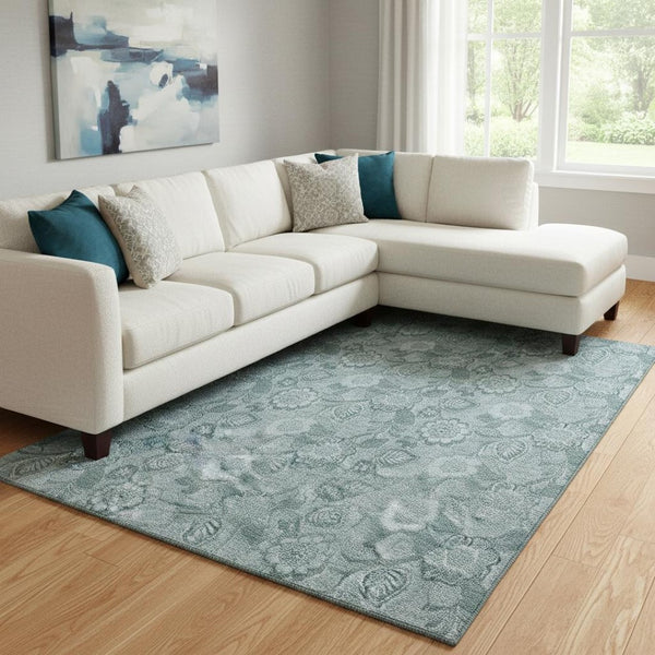 HomeRoots 9' X 12' Washable Teal & Aqua Floral Area Rug with UV Protection - Durable, Stain-Resistant & Stylish 708813