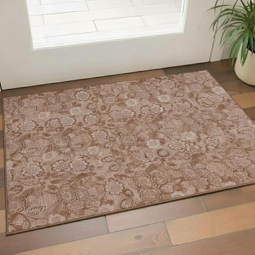 HomeRoots 5' X 8' Terra Cotta Floral Area Rug - Washable, UV Protected, Durable, Non-Slip, Family-Friendly Design 708816