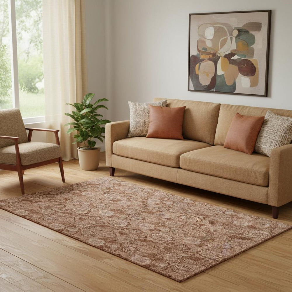 HomeRoots 8' Terra Cotta & Copper Floral Round Rug - Washable, UV Protected, Stain Resistant, Non-Slip Design 708817