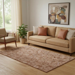 HomeRoots 8' Terra Cotta & Copper Floral Round Rug - Washable, UV Protected, Stain Resistant, Non-Slip Design 708817