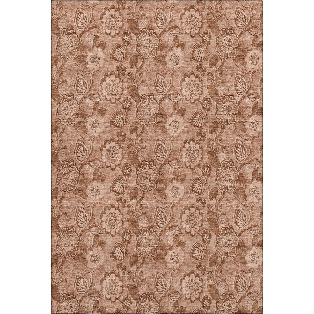 HomeRoots 8' Terra Cotta & Copper Floral Round Rug - Washable, UV Protected, Stain Resistant, Non-Slip Design 708817