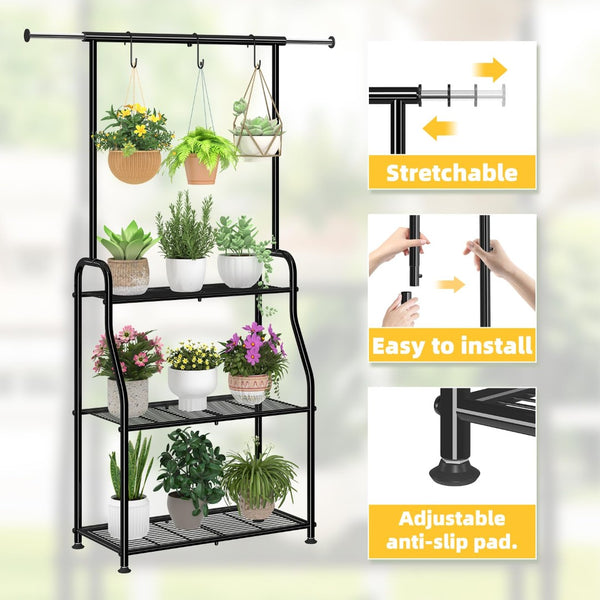 English Elm Metal Three Tier Vertical Plant Stand with Extendable Rod for Indoor Outdoor Display W2181P480533