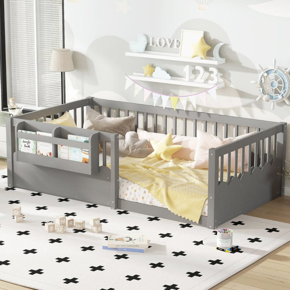 English Elm Twin Low Profile Kids Floor Bed Pine Wood Frame with Safety Rail and Built in Bookshelf Gray W1580P373135