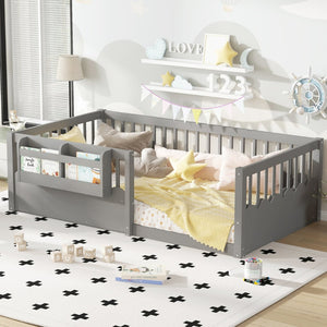 English Elm Twin Low Profile Kids Floor Bed Pine Wood Frame with Safety Rail and Built in Bookshelf Gray W1580P373135