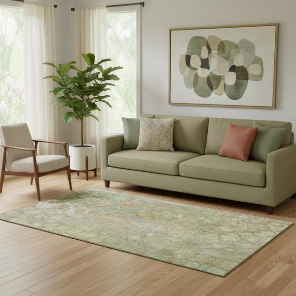 HomeRoots 8' Washable Round Rug in Artichoke Green, Gray & Beige - UV Protected, Durable & Easy to Clean! 708823