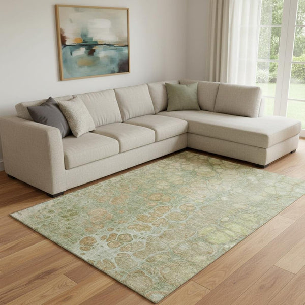 HomeRoots 9' X 12' Artichoke Green Abstract Area Rug – Washable, UV-Protected, Durable & Non-Slip Design! 708825